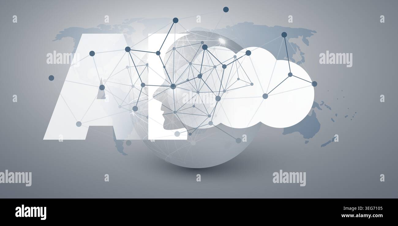 Grey and White Machine Learning, Artificial Intelligence, Cloud Computing and Global Networks Concept  - Vector Design with Robot Face Profile, Cloud Stock Vector
