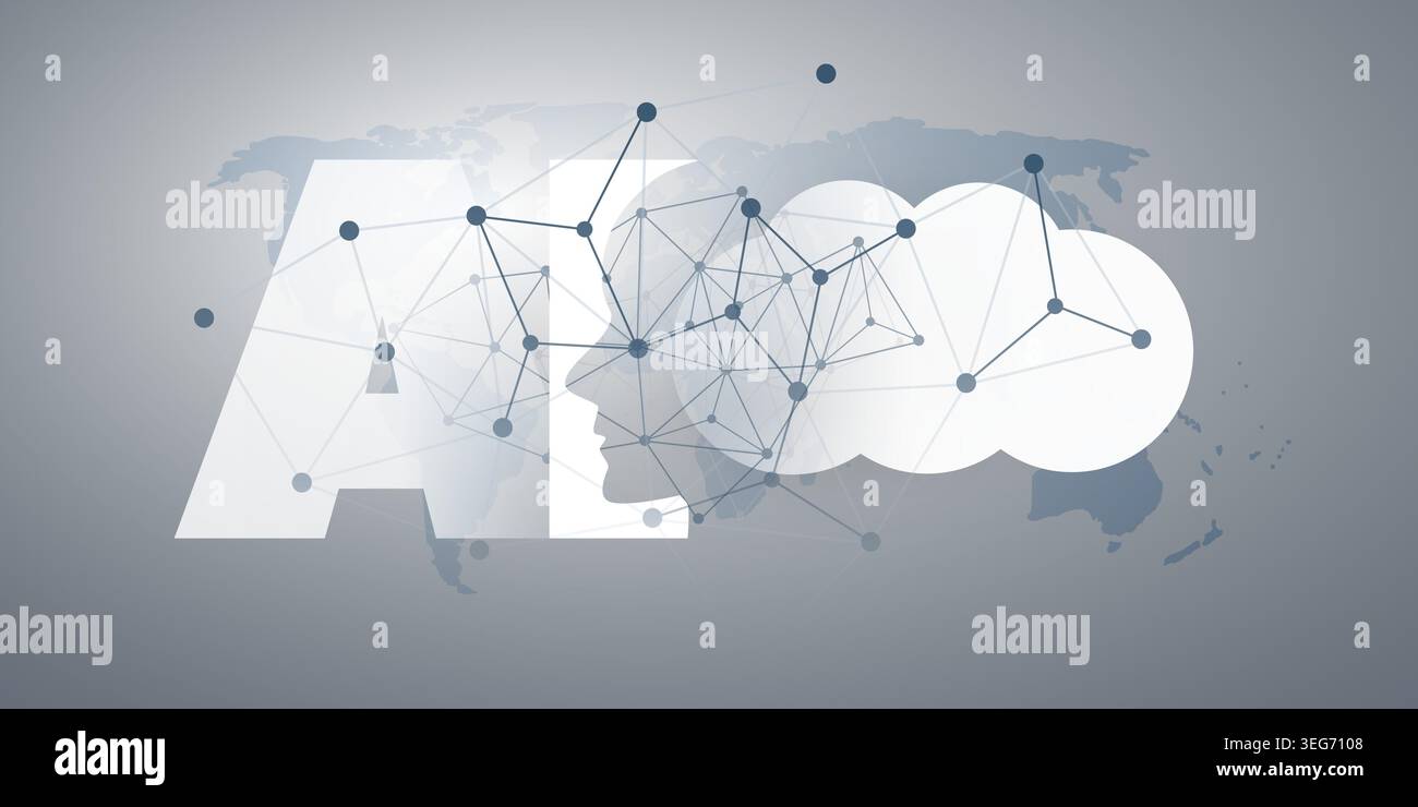 Futuristic Grey and White Machine Learning, Artificial Intelligence, Cloud Computing and Global Networks Concept  - Vector Design with Robot Face Prof Stock Vector