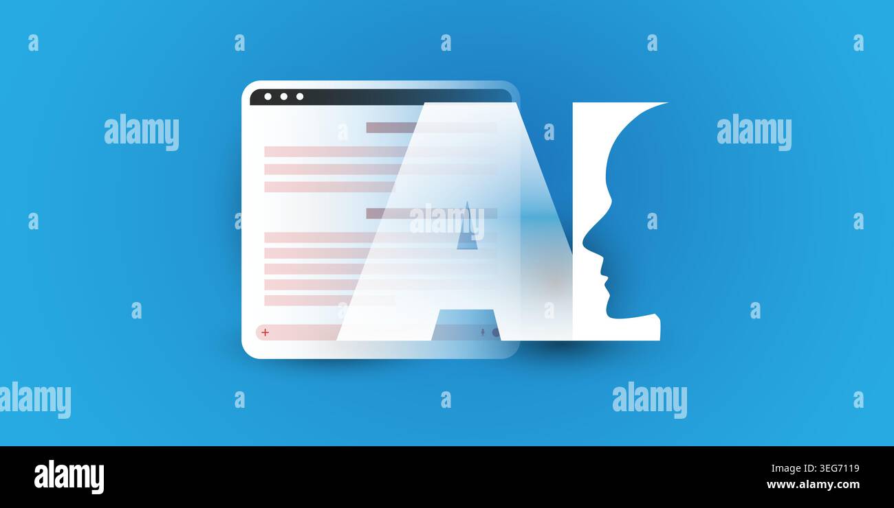 Artificial intelligence symbol with human profile on a web browser window. concept showing automated code generation. ideal fortech blogs. software de Stock Vector