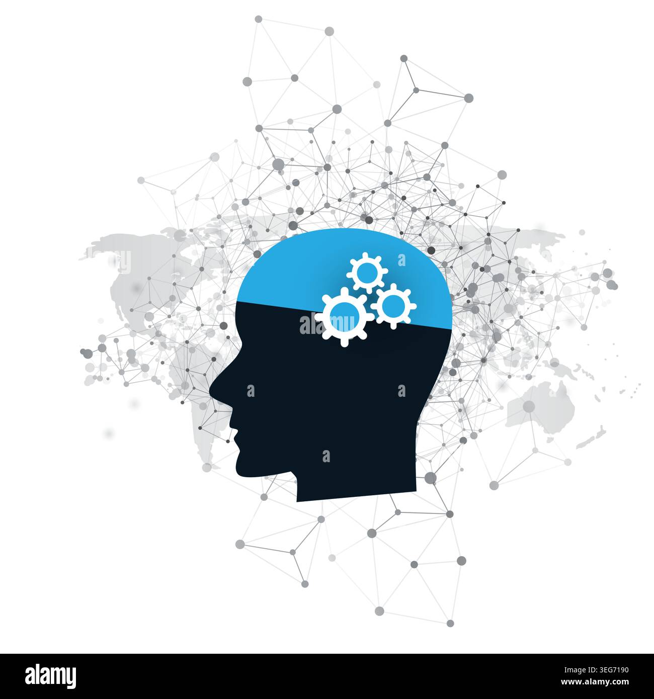 Machine Learning, Agentic Artificial Intelligence, Cloud Computing and Networks Concept with Geometric Polygonal Network Mesh, World Map and Gears in Stock Vector