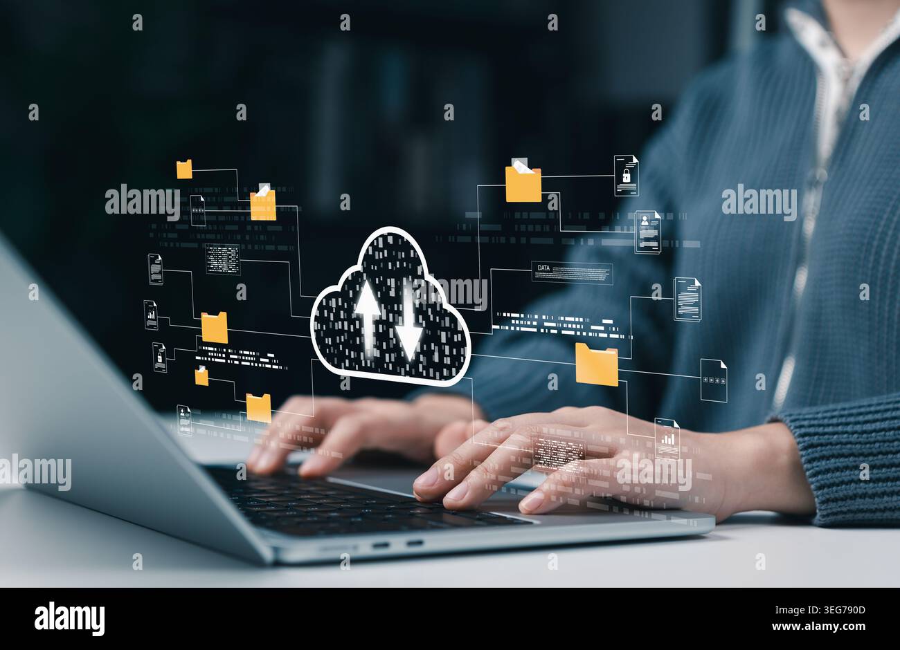 Cloud computing file transfer and digital document management concept. User using laptop with cloud upload and download icon, connected folder, secure Stock Photo