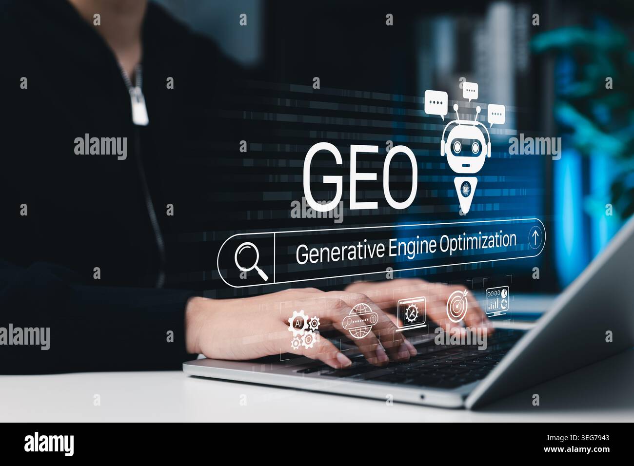 GEO generative engine optimization and AI search engine digital marketing concept. User using laptop with chatbot, search bar, analytics icon, content Stock Photo
