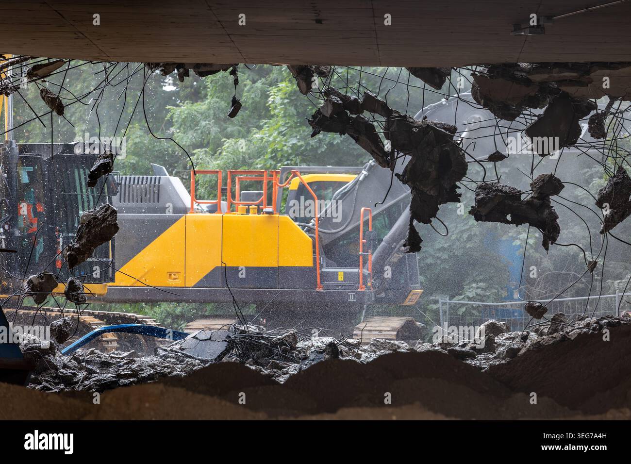 Close-up view of crumbling bridge structure demolition in Magdeburg ...