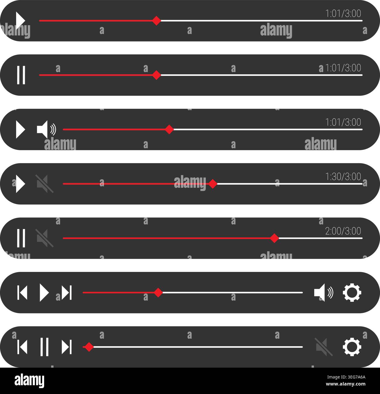 Minimalist Media Player Control Interface Vector Set with Flat UI UX Progress Bars and Playback Icons Stock Vector