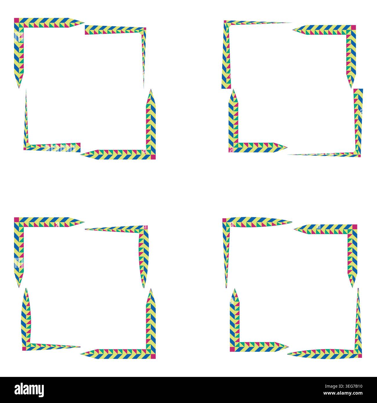 Green patterned border. Colorful frame set. Vector corner ornament. Creative square decoration Stock Vector
