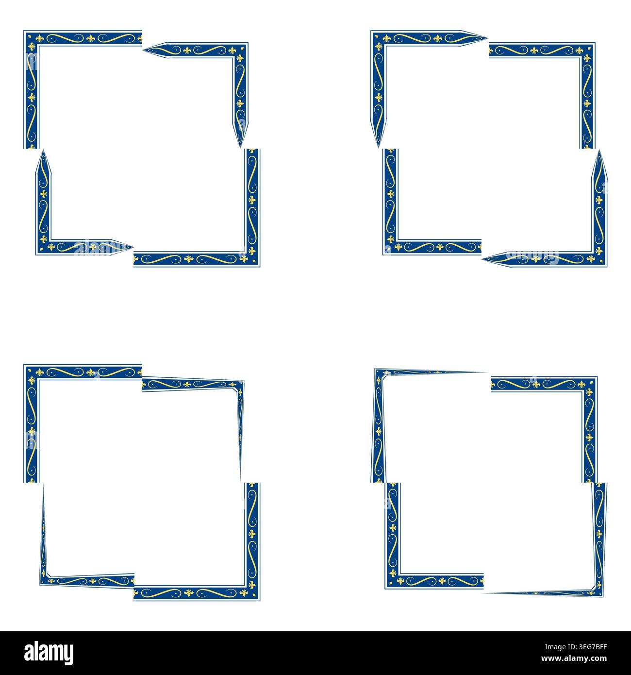 Blue geometric border. Corner frame set. Vector square ornament. Abstract graphic decoration Stock Vector