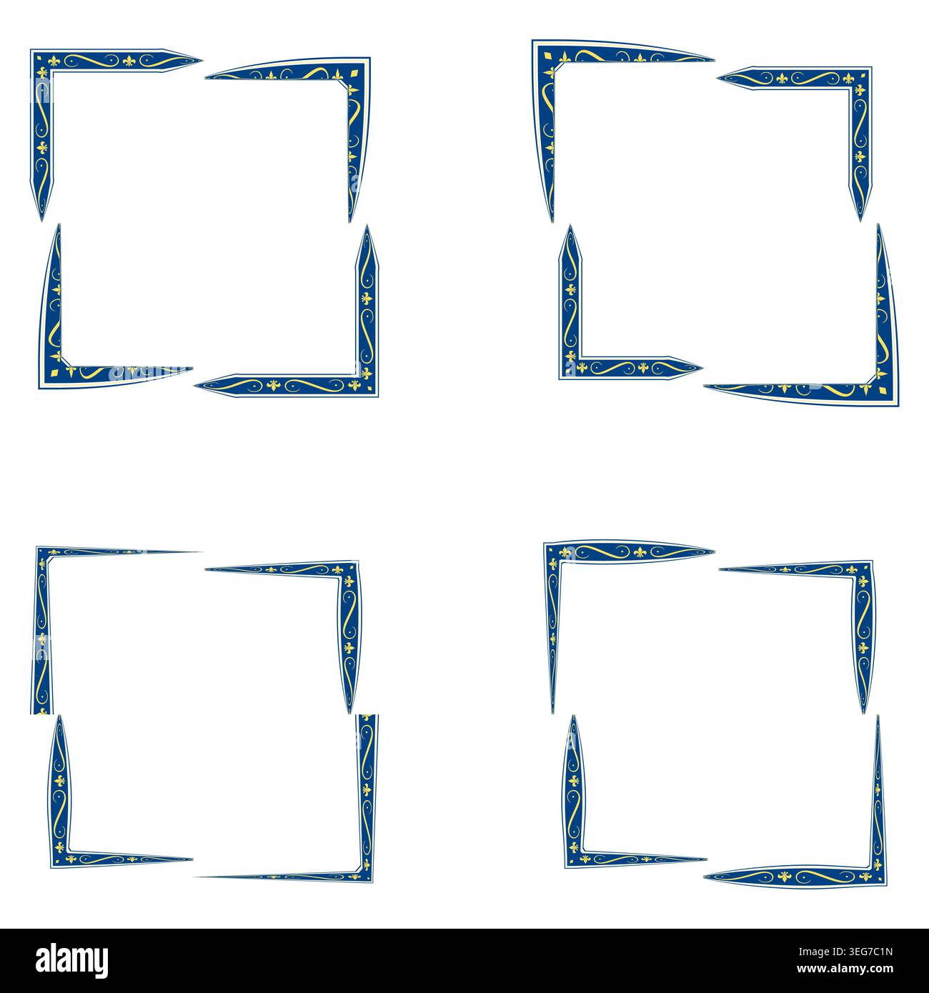 Blue stroke border. Geometric frame set. Vector corner element. Abstract square ornament Stock Vector