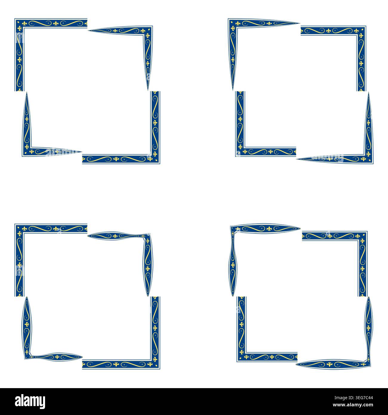 Blue corner border. Geometric frame set. Vector square ornament. Classic decorative element Stock Vector