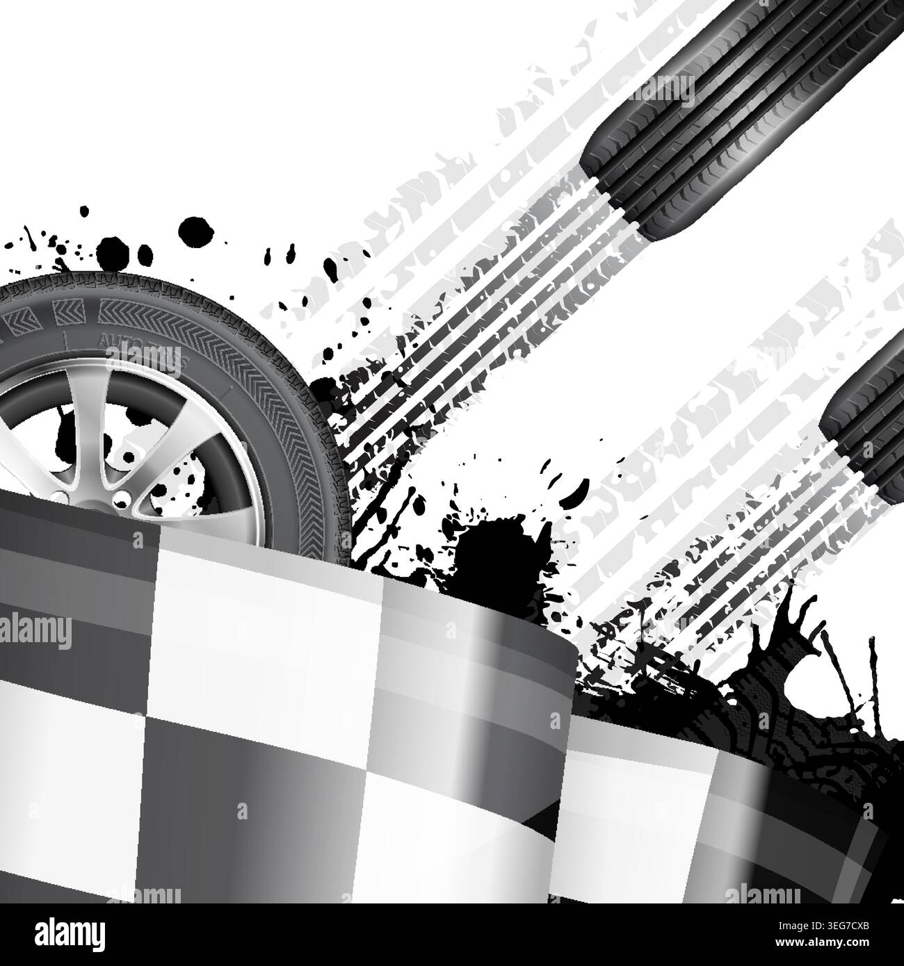 Racing Concept - Flags, Tires and Tracks, grunge vector background Stock Vector