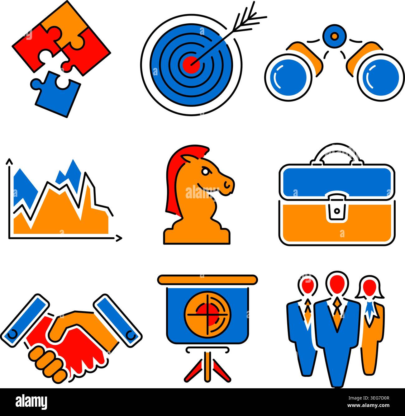 Business Thin Lines Color Web Icon Set with Flat elements for Flyer, Poster, Web Site Like Strategy, Research, Teamwork, Success Stock Vector