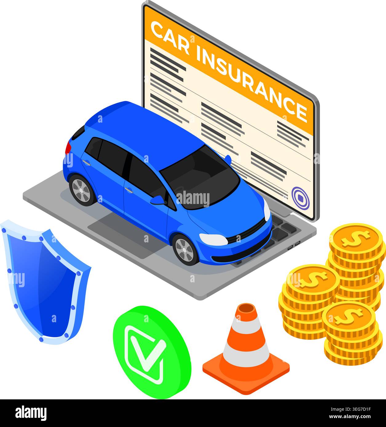 Online Car Insurance Isometric Concept for Poster, Web Site, Advertising with Car Insurance Policy on screen laptop, Money, Key and Shield. isolated v Stock Vector