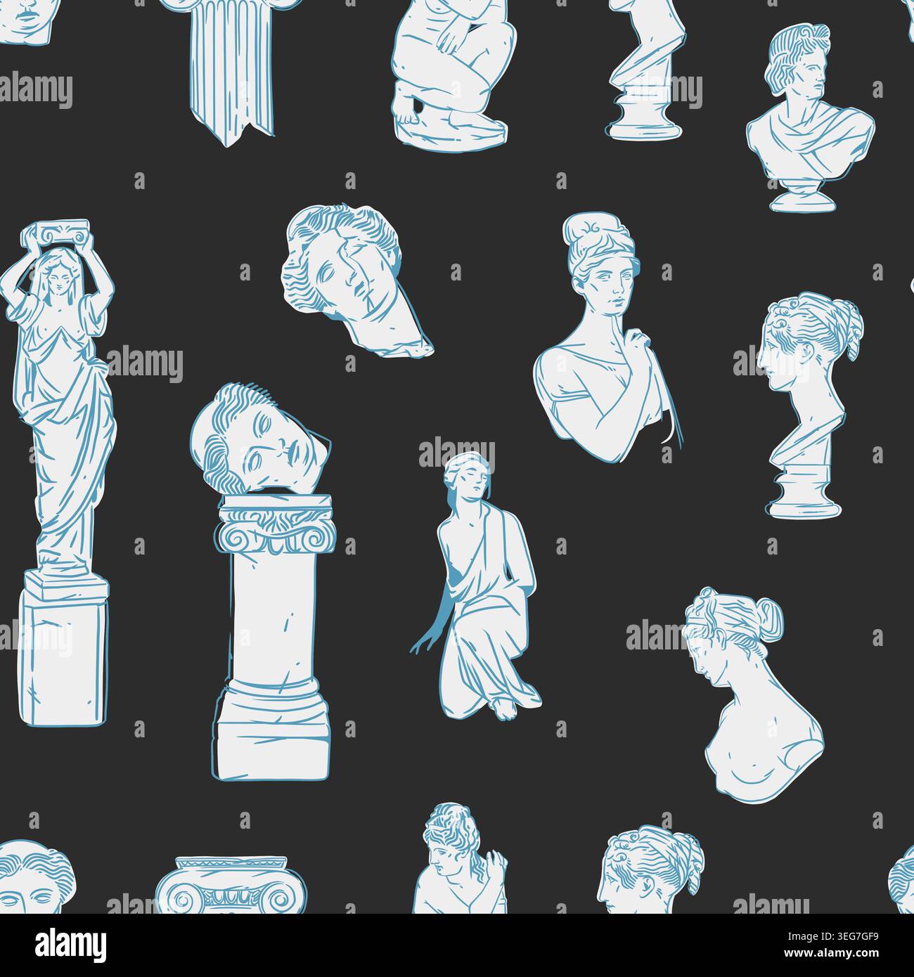 Hand drawn vector abstract graphic, greek ancient sculpture statues and column line art modern seamless pattern.Antique graffiti psychedelic sculpture Stock Vector