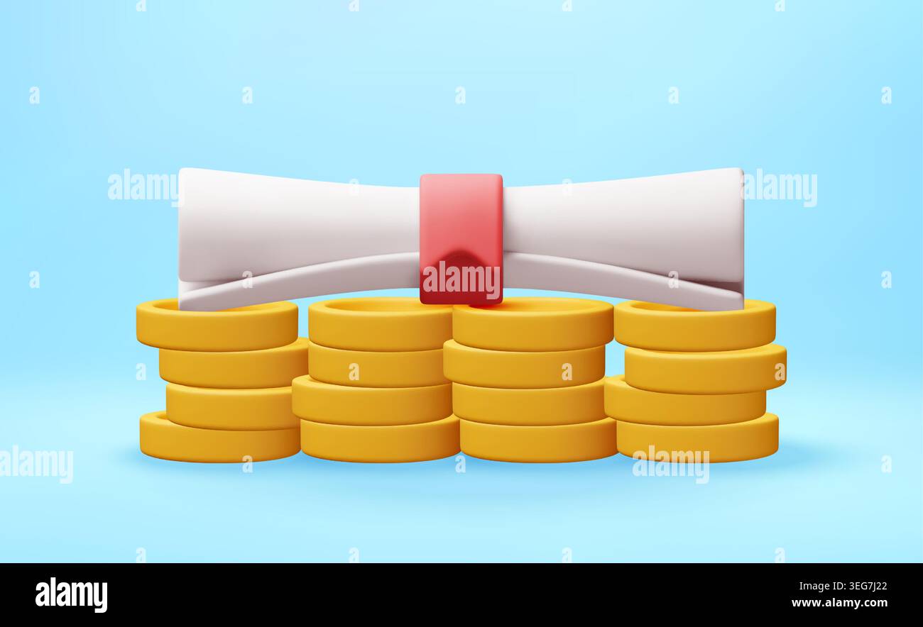 3D Diploma scroll resting on stack of golden coins Stock Vector