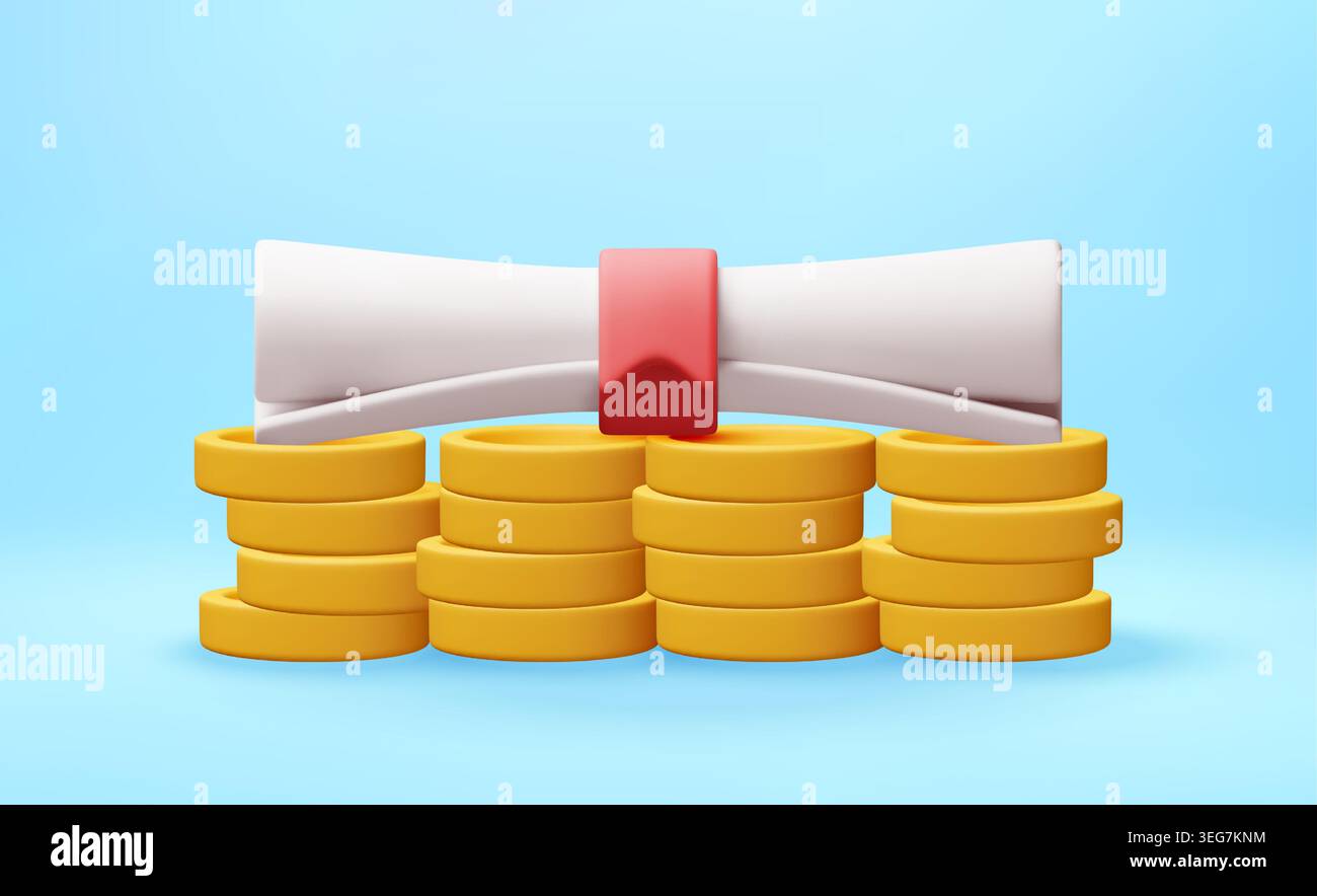 3D Diploma scroll resting on stack of golden coins Stock Vector