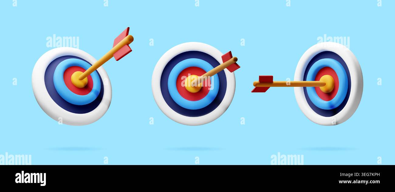 3D Three targets with arrows hitting bullseye Stock Vector