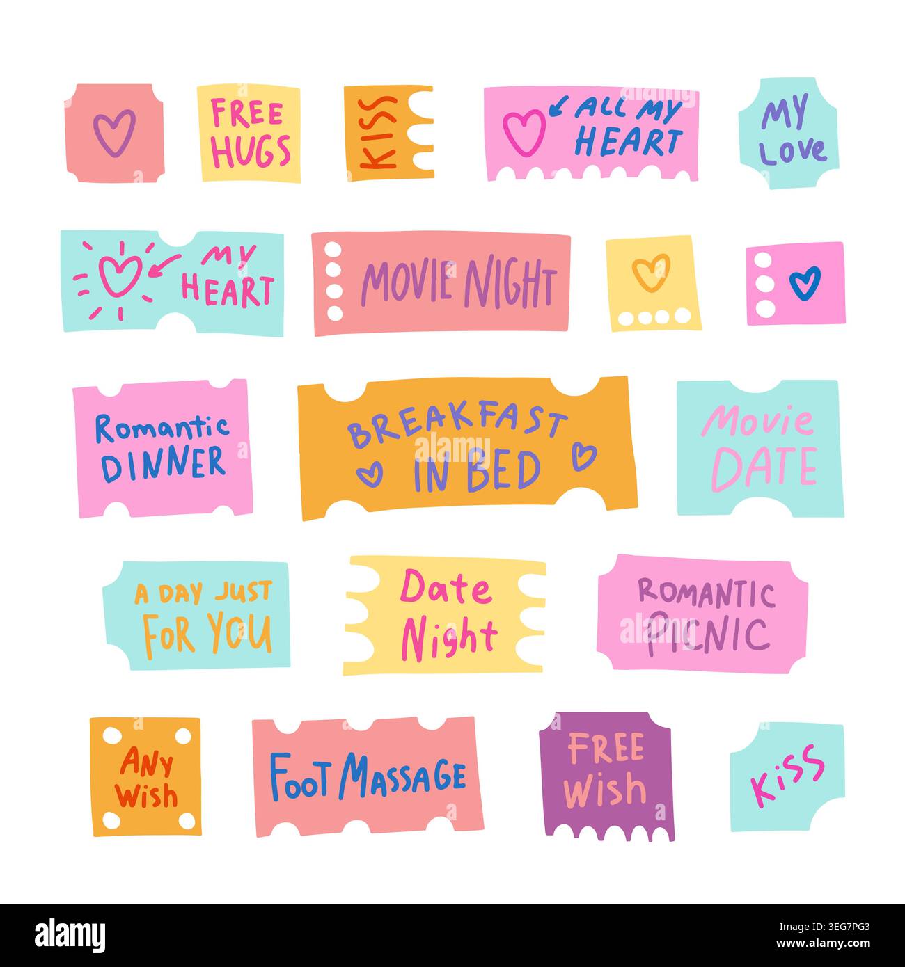 Love coupon set for Valentines day. Cute doodle sticker collection Stock Vector