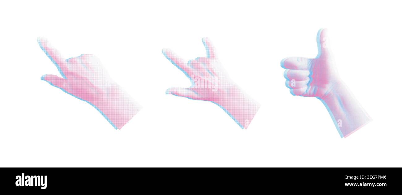 Collage element set with halftone hands riso print. Risograph style blue and pink hand Stock Vector