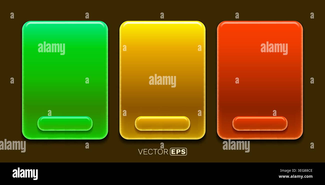 Three glossy, colorful rounded rectangular panels with interactive buttons for modern UI design. Vector illustration Stock Vector