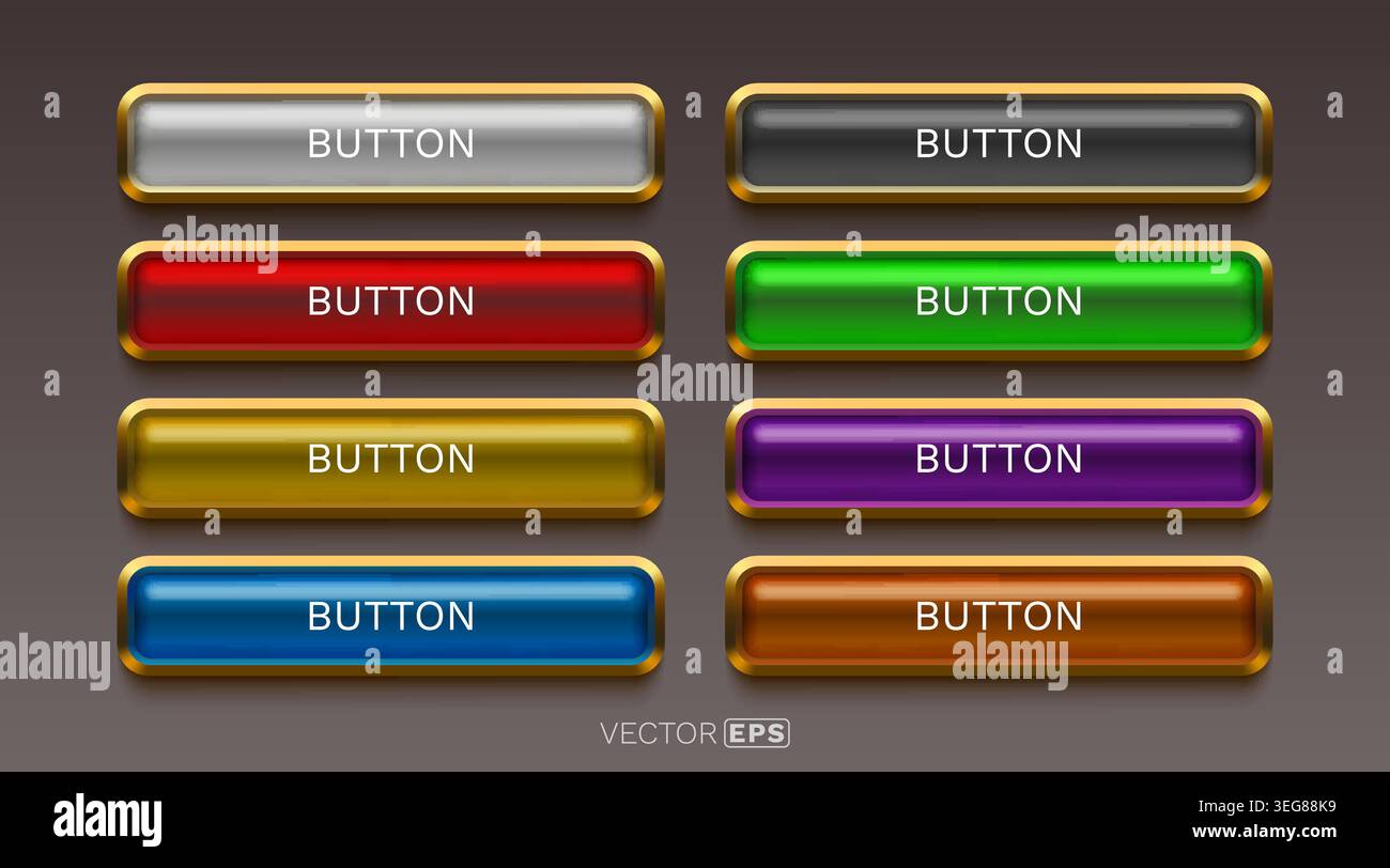 Glossy colorful button set with gold frame, ideal for web design and game interface. Vector illustration Stock Vector