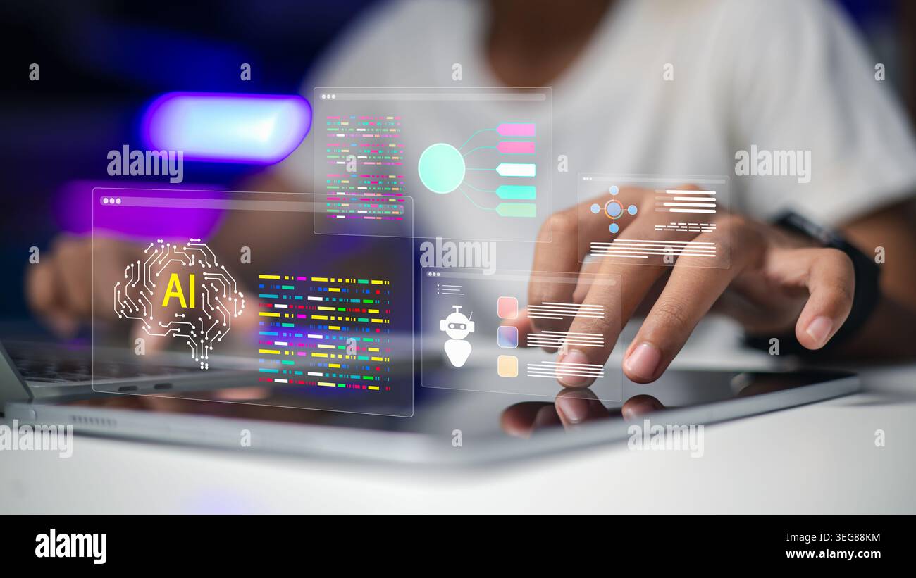 Person using a tablet with glowing AI brain and data interface. Modern technology, artificial intelligence, and machine learning concept for business Stock Photo