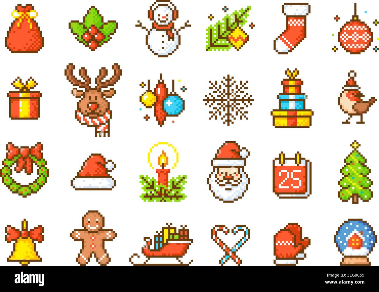 Christmas pixel art set. Retro 8-bit design icons, winter holidays, new year symbols. Arcade elements, deer, santa, mittens, snowflakes and snowman Stock Vector