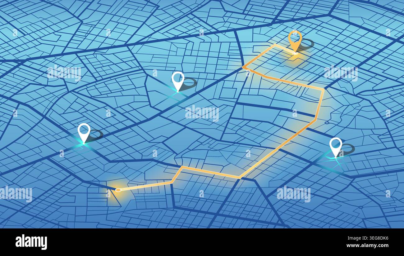 Perspective urban plan featuring digital navigation path and multiple GPS markers. Vector illustration. Stock Vector