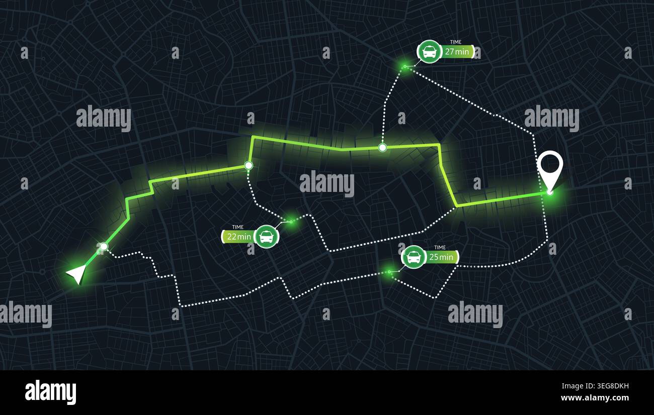 Green neon navigation path on dark city map with taxi time indicators ...