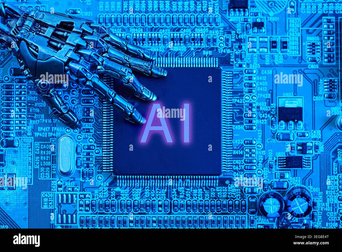 Robot hand touching ai circuit board processing data Stock Photo