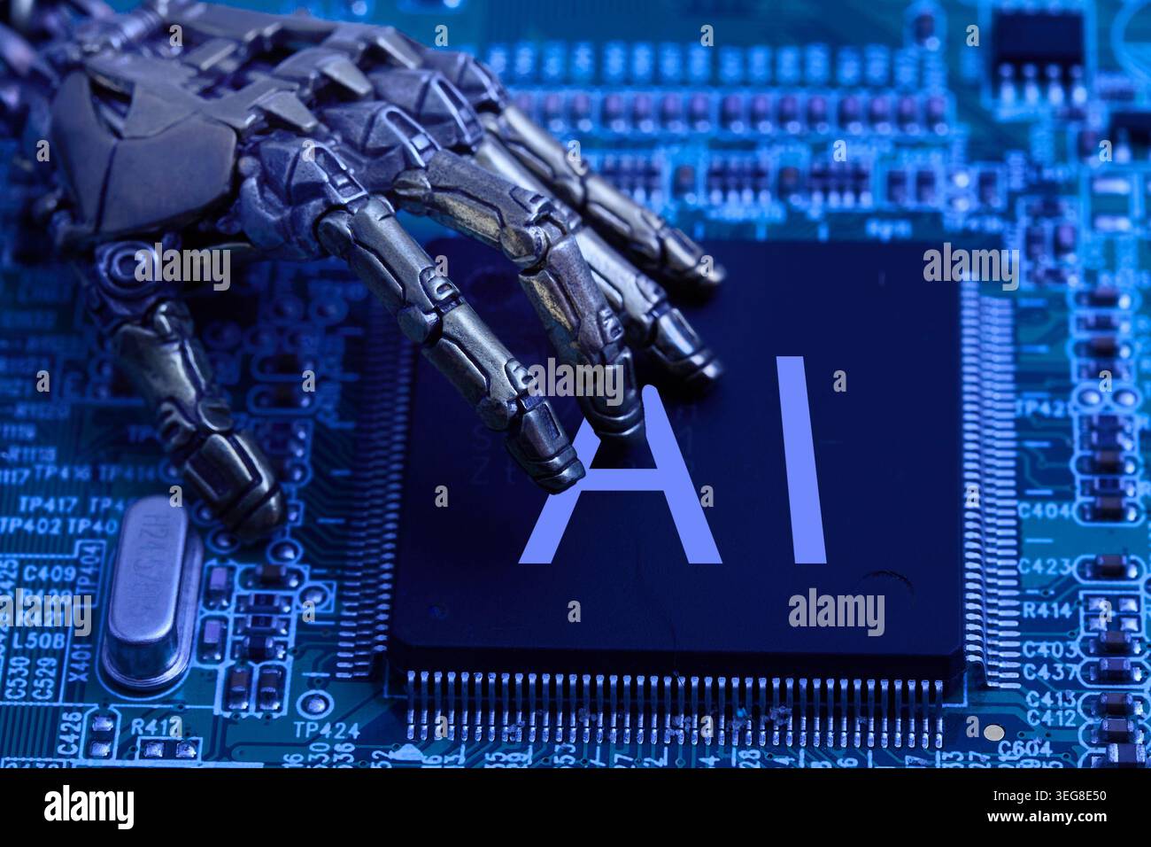 Robot hand touching ai chip on circuit board Stock Photo