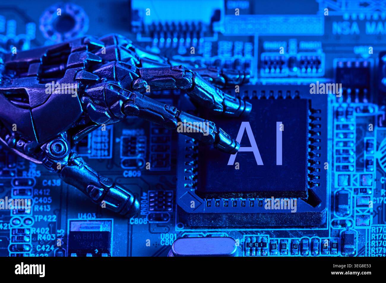 Robot hand touching ai chip on circuit board Stock Photo