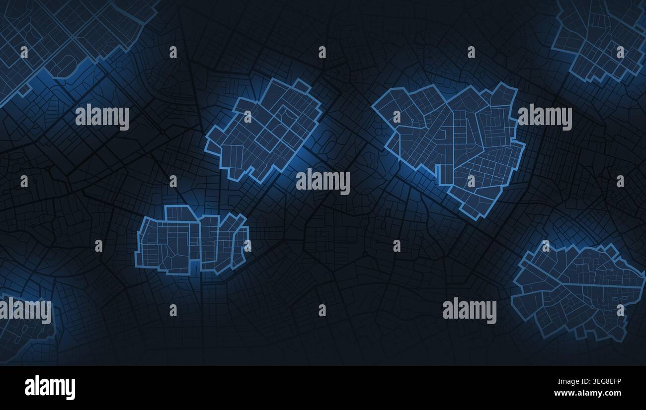 Dark blue city map background with glowing highlighted districts and ...