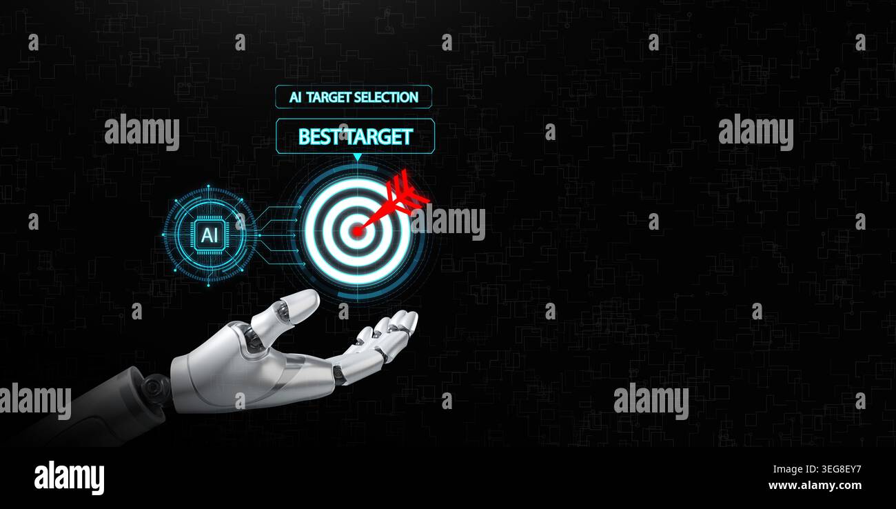 Robot hand presenting AI target selection interface with the best target and precision analysis. Artificial intelligence targeting, automation, roboti Stock Photo