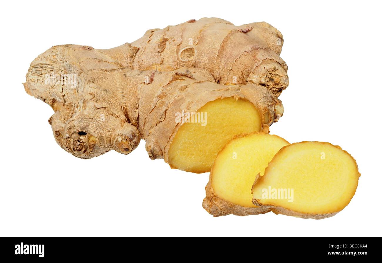 Big ginger root and slices on white background Stock Photo