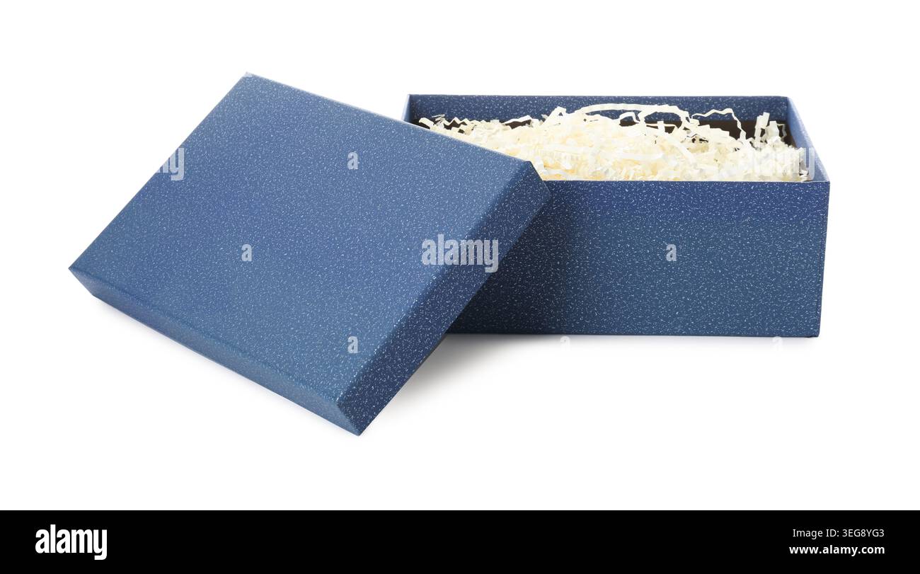 Gift box with shredded paper filler isolated on white Stock Photo