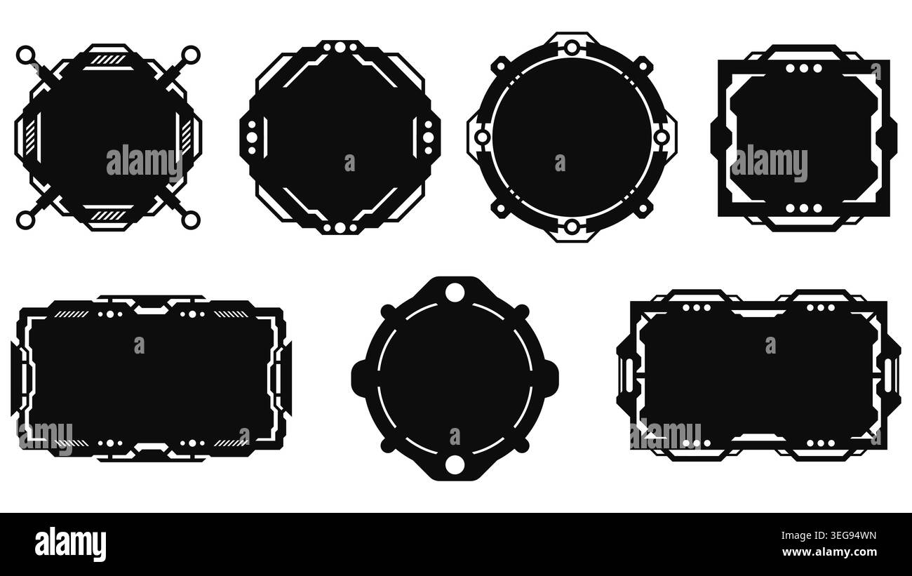 Futuristic Sci Fi HUD Frames and Digital Interface Panels Set Stock Vector