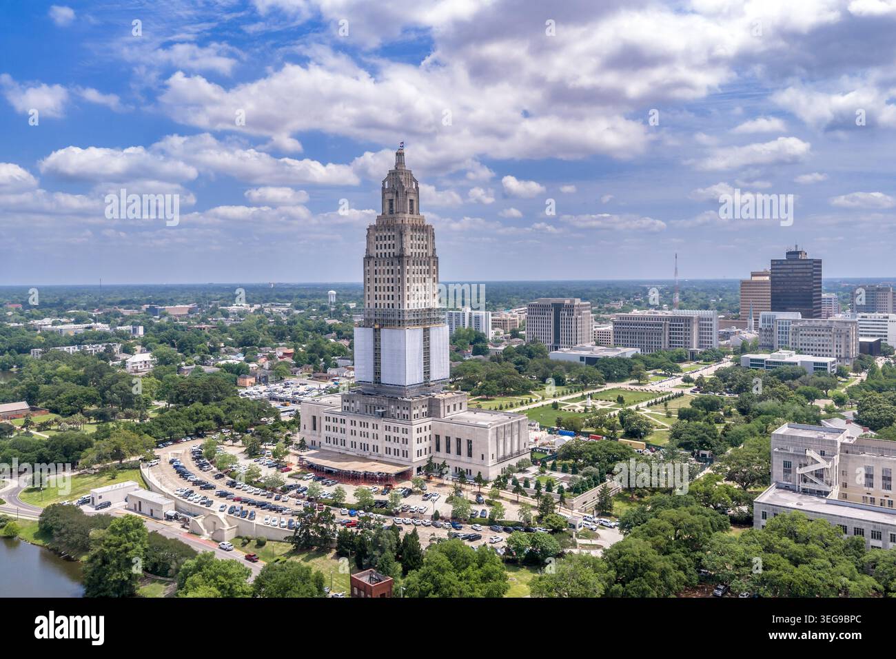 An aerial drone photograph of the Louisiana State Capitol building in ...
