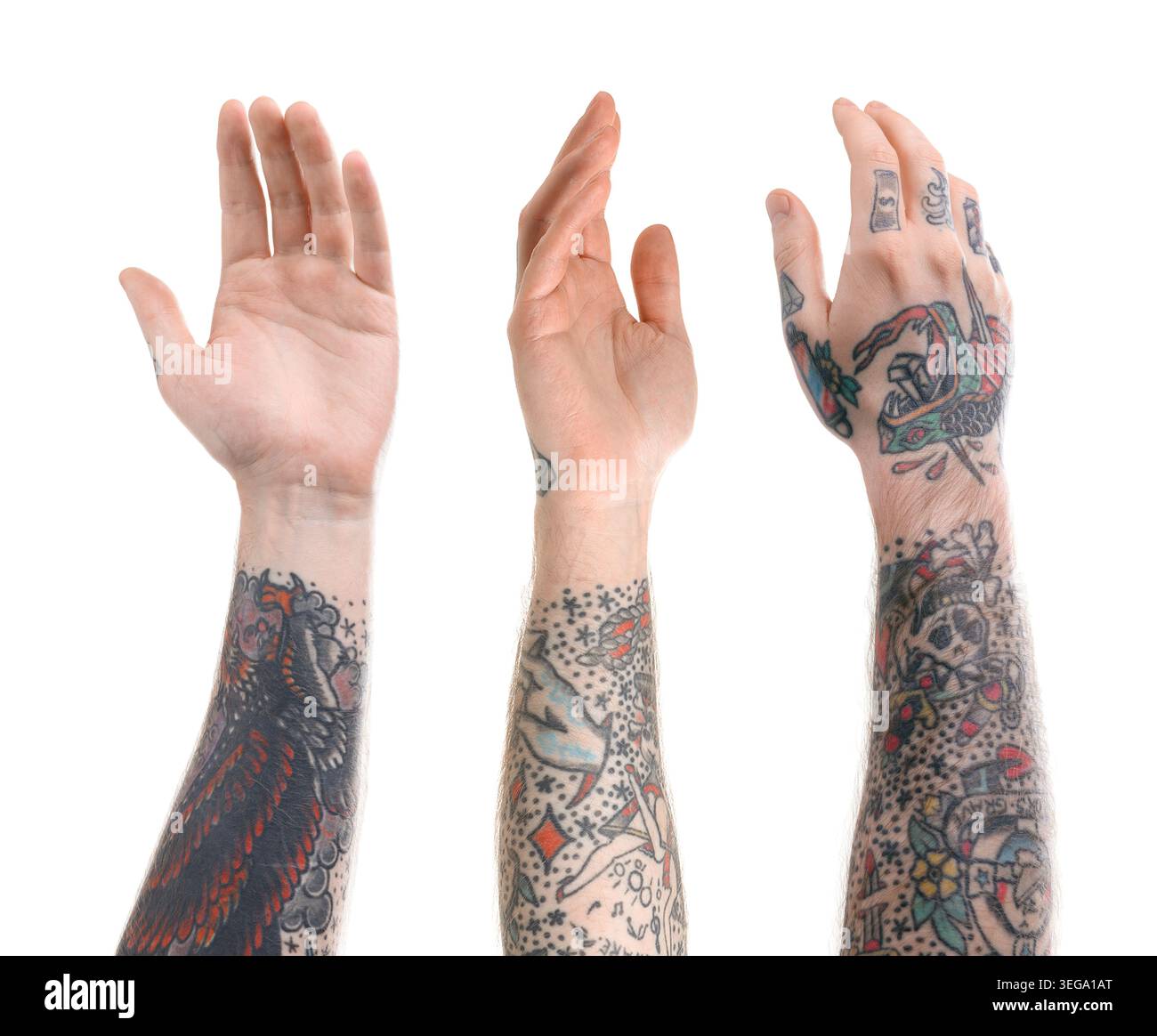 Man showing his tattooed hands on white background, set Stock Photo