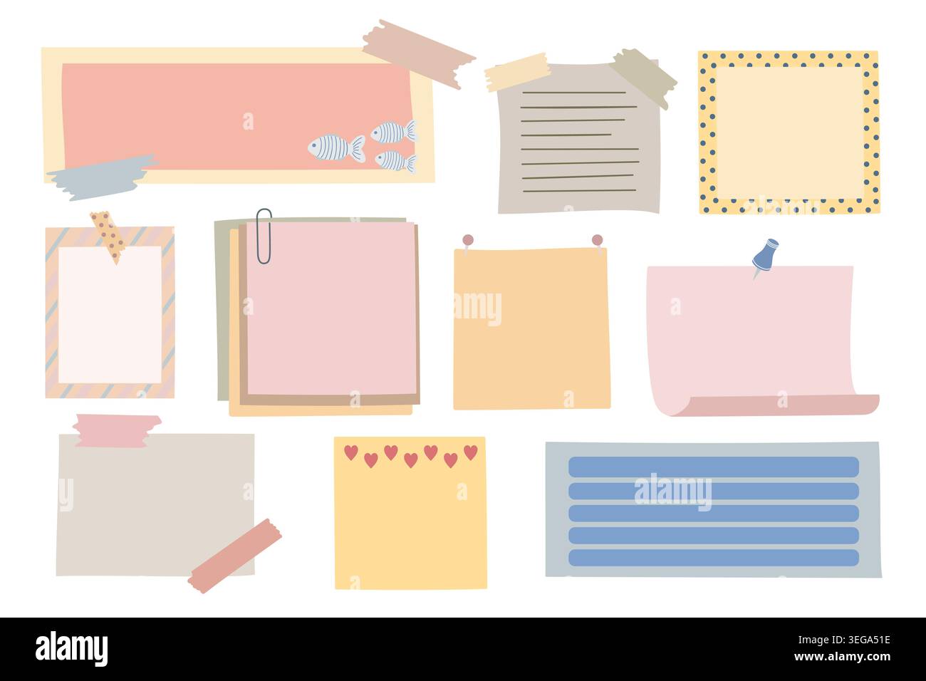 Blank sticky notes and memo pads in soft pastel colors with pieces of adhesive tape set, simple hand drawn design elements for school, office, printable or digital planner design templates Stock Vector