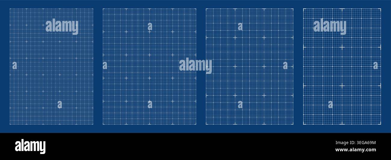 Blueprint grid set micro node cross geometry, four scale variations. Wide medium dense micro spacing comparison, engineering layouts dashboards notebook pages interface planning technology graphics. Stock Vector