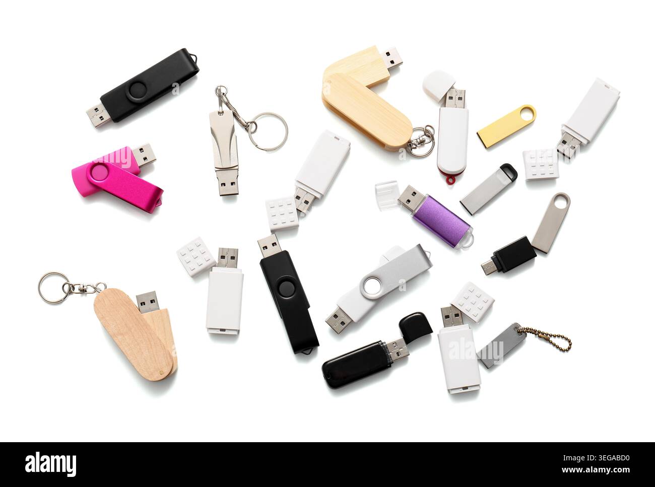 Composition with different USB flash drives on white background Stock Photo
