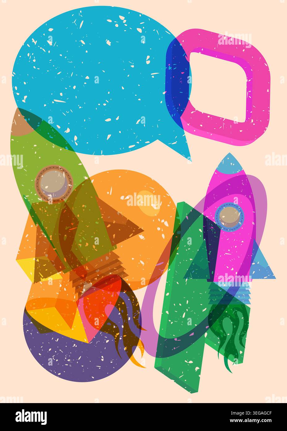 Risograph Rocketship with speech bubble with geometric shapes. Objects in trendy riso graph print texture style design with geometry elements. Stock Vector