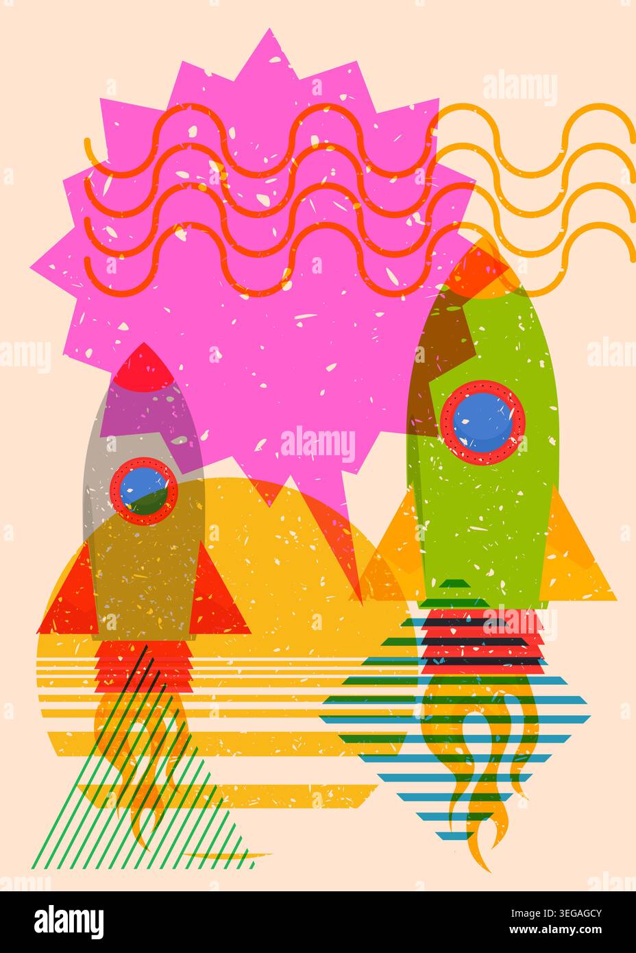 Risograph Rocketship with speech bubble with geometric shapes. Objects in trendy riso graph print texture style design with geometry elements. Stock Vector