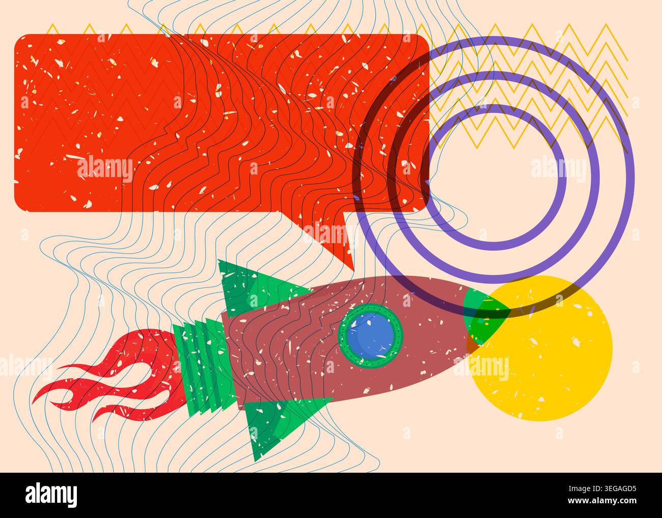 Risograph Rocketship with speech bubble with geometric shapes. Objects in trendy riso graph print texture style design with geometry elements. Stock Vector