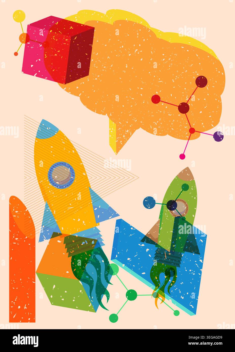 Risograph Rocketship with speech bubble with geometric shapes. Objects in trendy riso graph print texture style design with geometry elements. Stock Vector