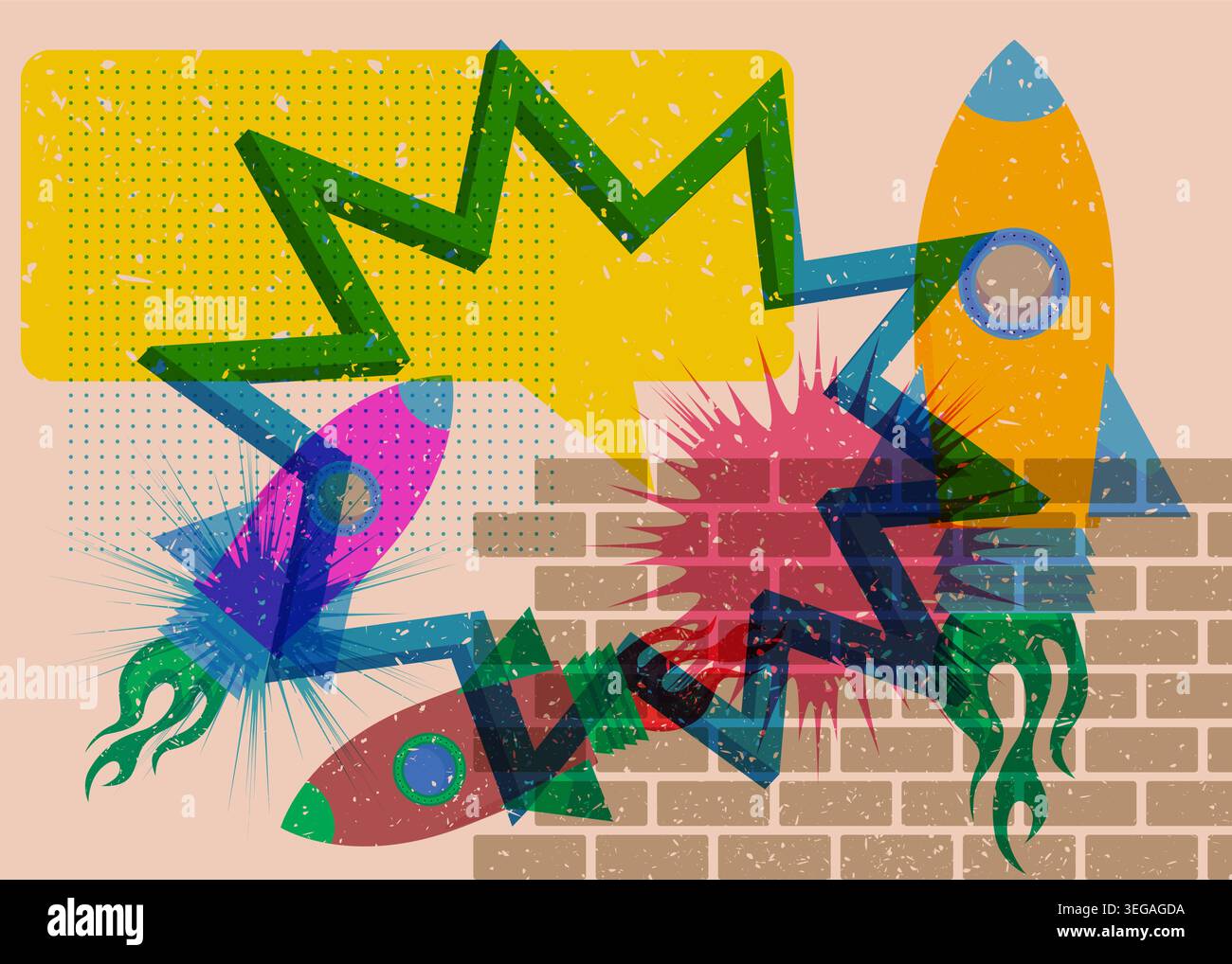 Risograph Rocketship with speech bubble with geometric shapes. Objects in trendy riso graph print texture style design with geometry elements. Stock Vector