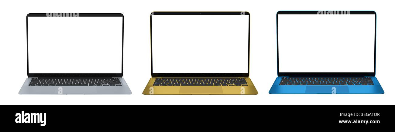 Set of laptops with blank white screens, displayed in angled views ...