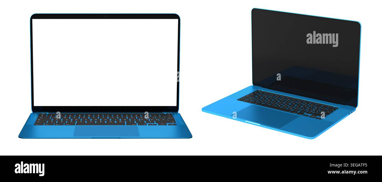 Set of laptops with blank white screens, displayed in angled views ...
