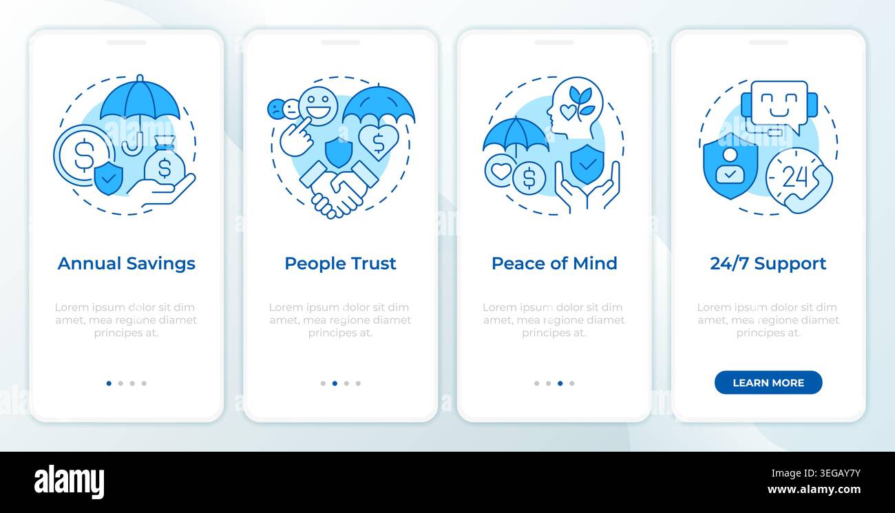 Core insurance benefits blue onboarding mobile app screen Stock Vector