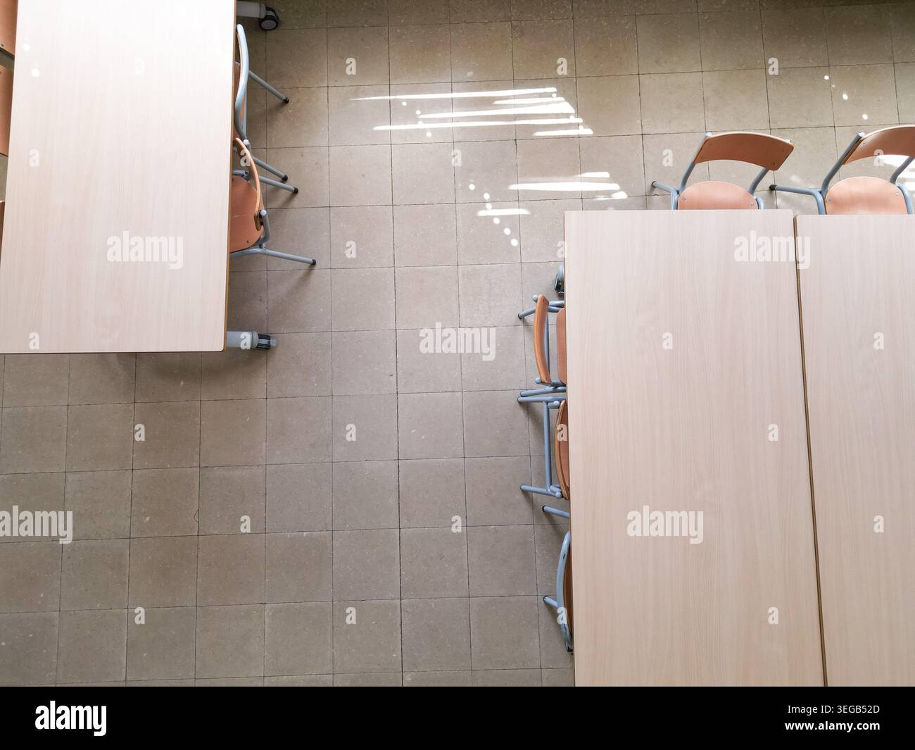 Empty Classroom Desks And Chairs From Above Stock Photo