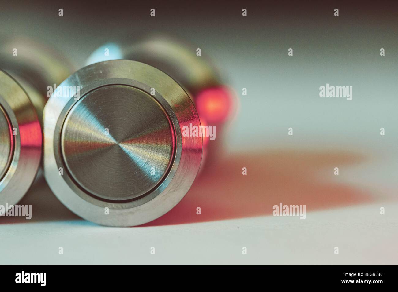 Metal Push Button Switch With Red Light And Copy Space Stock Photo